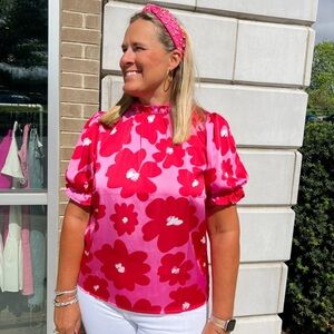 Pink/Red Floral Puff Sleeve Top